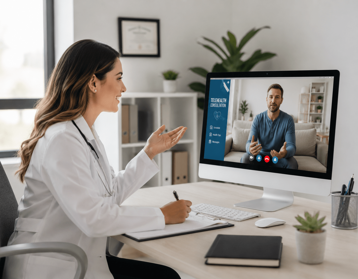 A doctor in a white coat smiles and waves during a telehealth consultation with a patient on a computer screen.