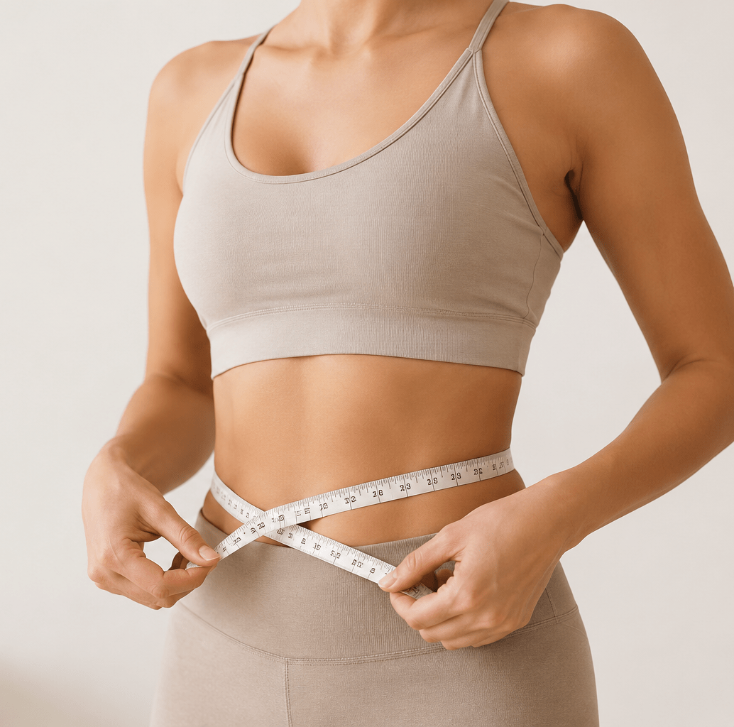 A clean, modern healthcare lifestyle image representing medical weight loss treatment. A fit adult body shown from shoulders to waist, wearing neutral-toned activewear, with soft natural lighting.