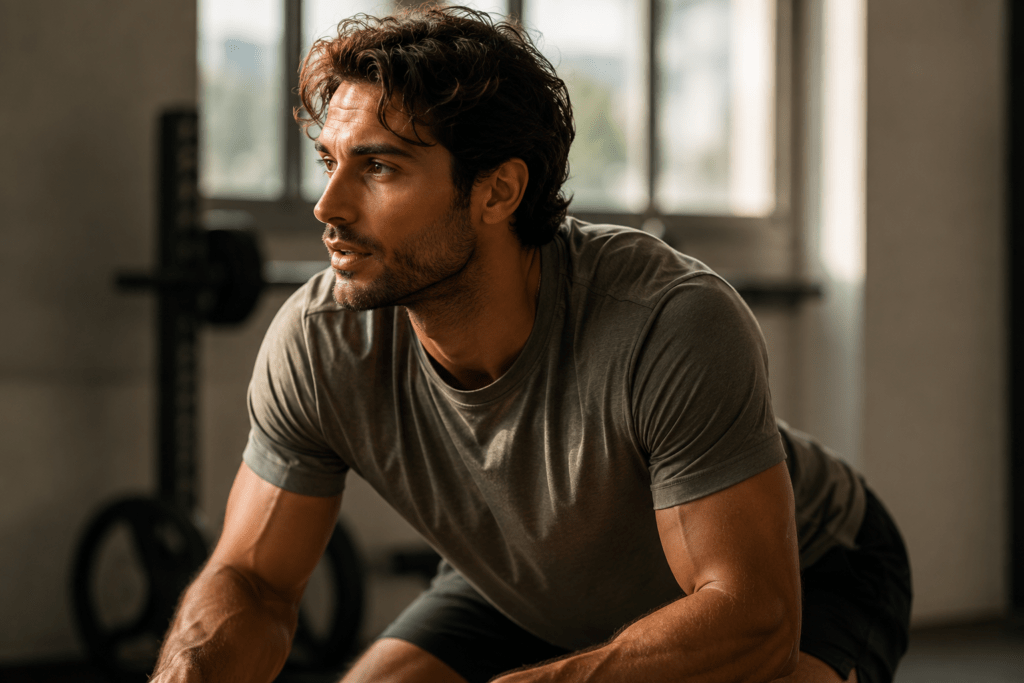 Man taking a moment to recover after a workout in a naturally lit fitness studio, representing a personalized approach to weight and metabolic health.