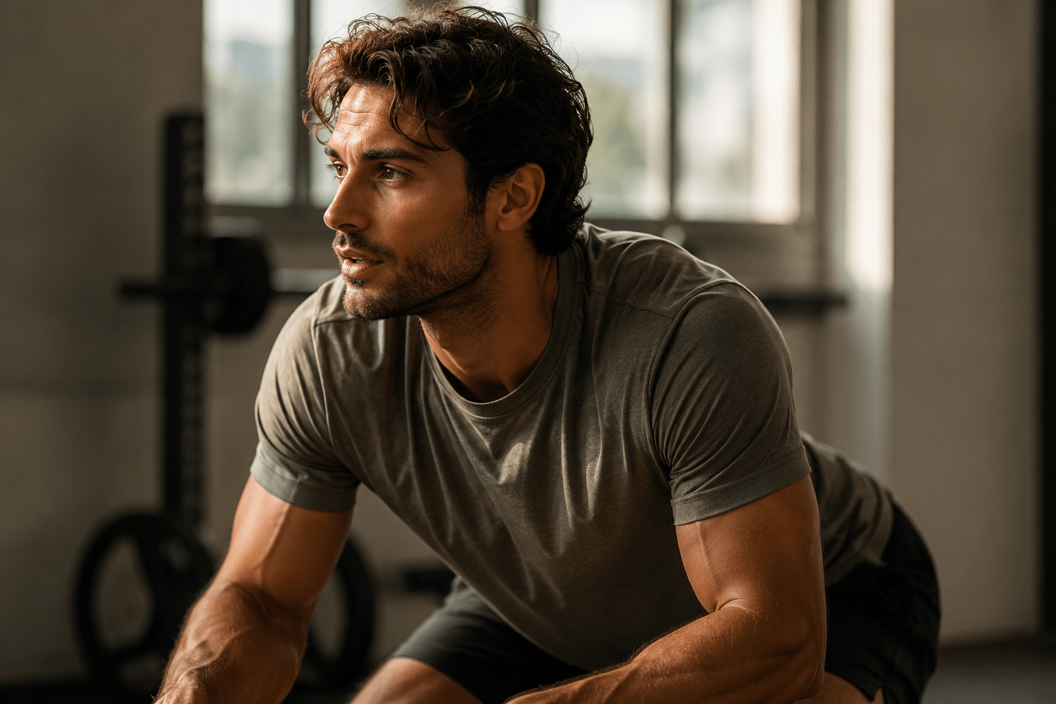 Man taking a moment to recover after a workout in a naturally lit fitness studio, representing a personalized approach to weight and metabolic health.