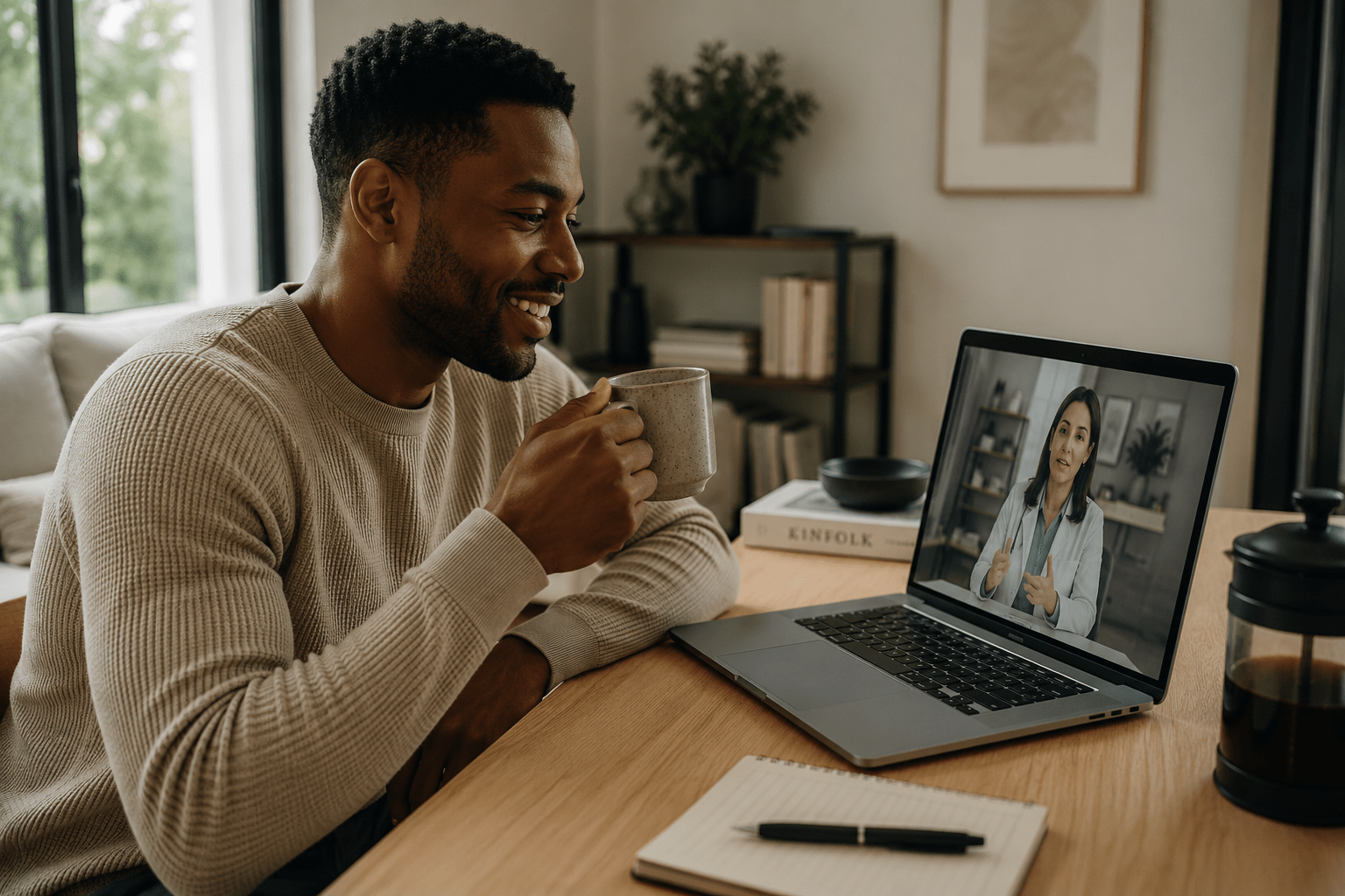 A man enjoys a coffee while engaging in a video call with a woman, emphasizing remote communication in a cozy home office setting.