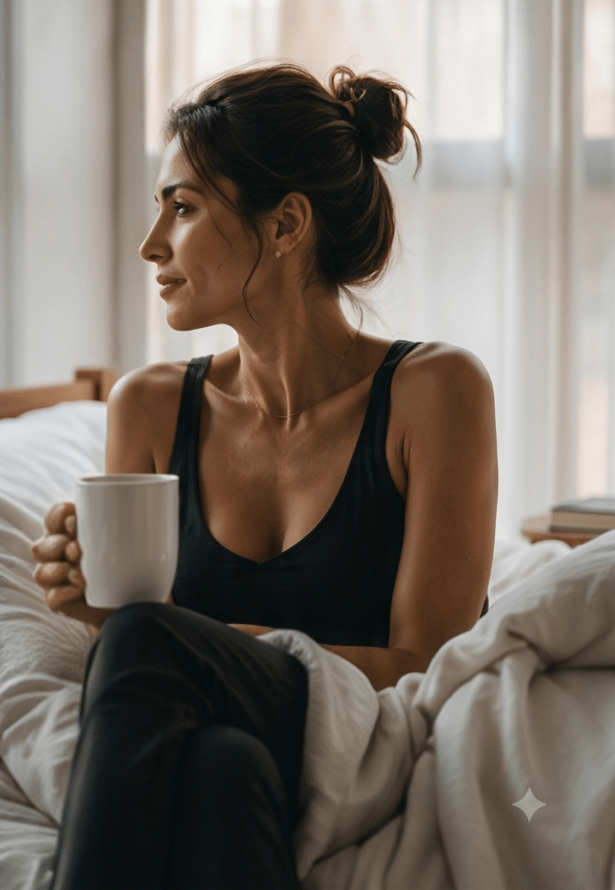 A contemplative woman with dark hair in a messy high bun, wearing a black tank top and pants, sits up in a bed with a white duvet, holding a white coffee mug and gazing out of a sunlit window through sheer curtains.