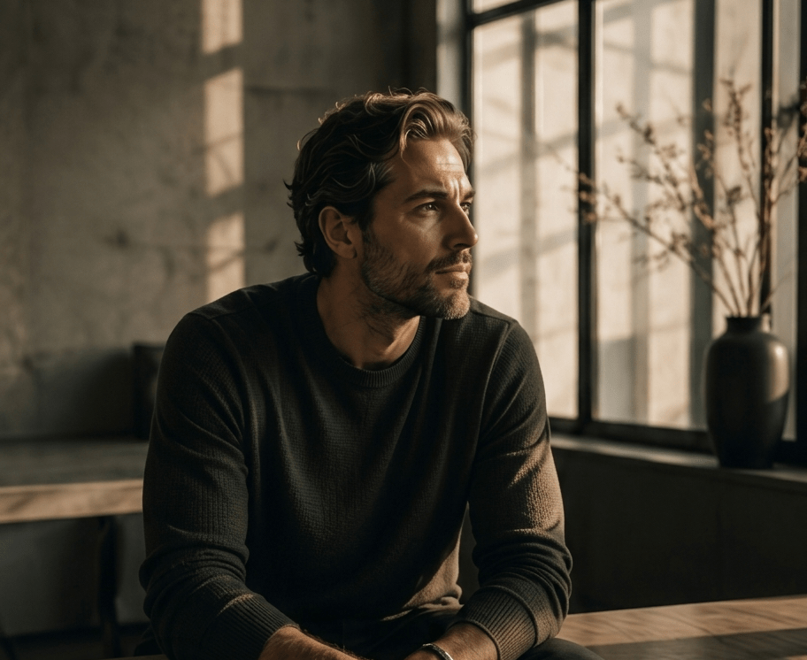 A high-quality lifestyle photograph of a handsome man with wavy brown hair and a beard