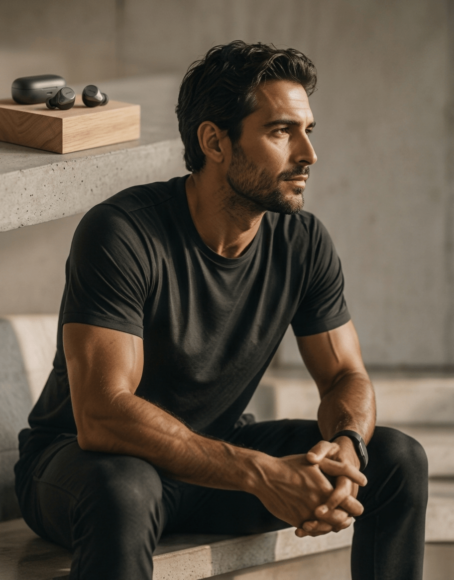 A fit, dark-haired man in a black t-shirt and dark trousers sitting thoughtfully with clasped hands on a modern concrete bench, next to wireless earbuds resting on a wooden block.