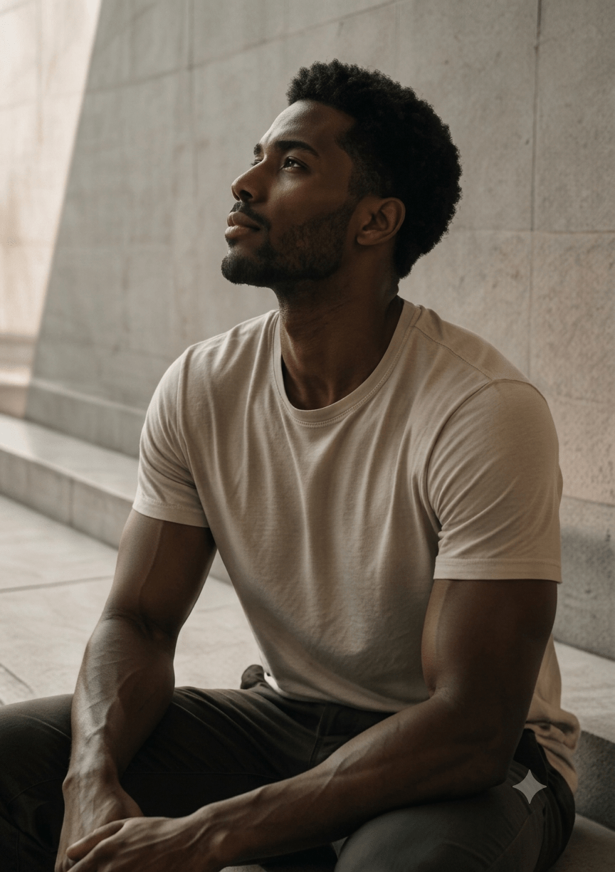 A close-up photograph of a contemplative Black man with short curly hair and a short beard, seated and looking upwards and to the side against a minimalist, grey tiled stone wall.