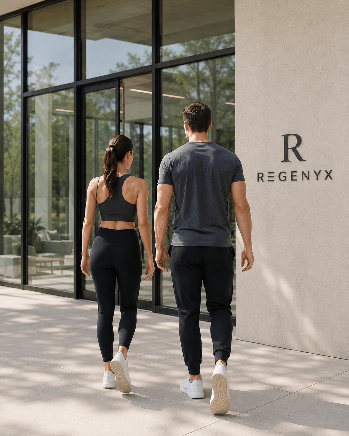 A man and woman walk together towards a modern building with "REGENYX" signage, showcasing a fitness-focused lifestyle in a stylish environment.