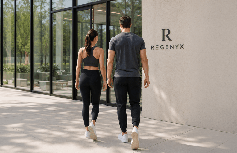 A man and woman in athletic wear walk towards a modern entrance marked "REGENYX," emphasizing a fitness or wellness theme.