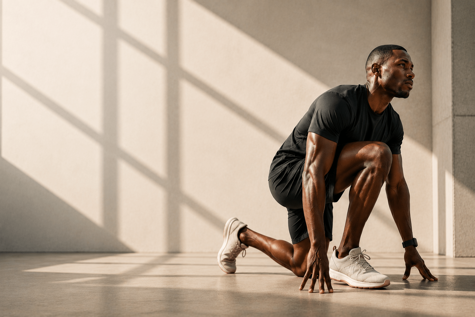 A focused athlete in a black outfit crouches in a starting position on a smooth floor, with dramatic shadows from large windows highlighting his form.